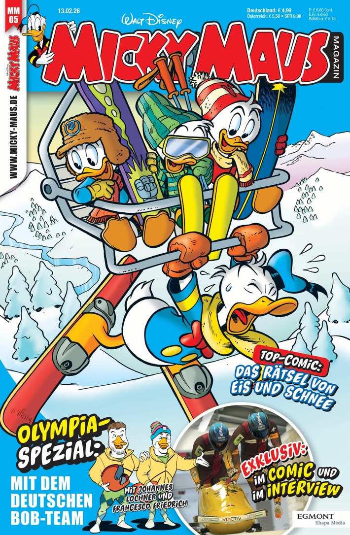 Bobpiloten Friedrich und Lochner duckifiziert im Micky Maus Magazin Nr.05/26
