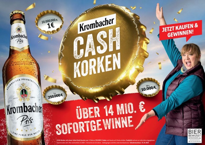 Krombacher Cash-Korken sind zurück: Über 14 Millionen Euro Sofortgewinne und 25 Sonderverlosungen von 25.000 EUR