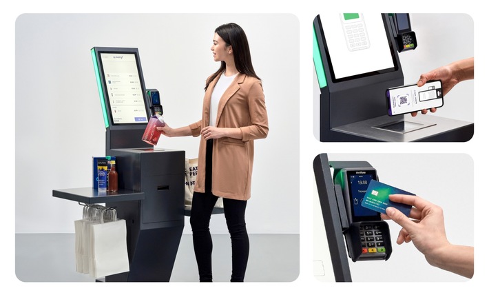 shopreme matrix SCO Customer Journey (links), hybride Customer Journey mit Scan & Go (rechts oben) und Kartenzahlung zum Abschluss des Einkaufs (rechts unten)
