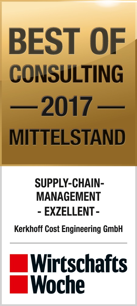 WirtschaftsWoche Award Best of Consulting 2017 für mittelständische Beratungen / 2. Platz für Kerkhoff Cost Engineering in der Kategorie Supply Chain Management