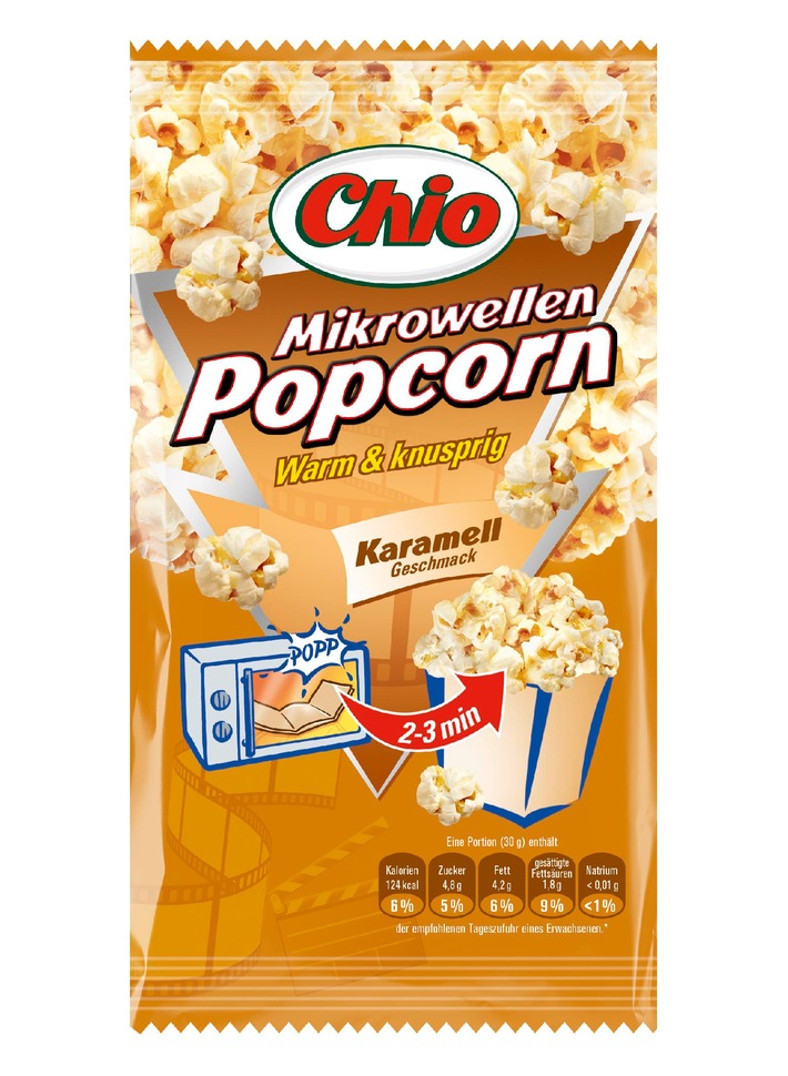 Chio Mikrowellen Popcorn Karamell-Geschmack - neue Sorte für das ultimative Kino-Feeling zu Hause (BILD)