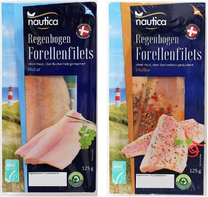 Lidl Deutschland informiert über einen Warenrückruf des Produktes "Nautica Regenbogen Forellenfilets, 125 g" des Herstellers Agustson a/s.