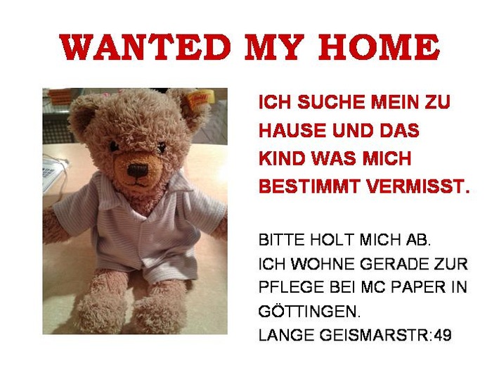 POL-GOE: (381/2014) &quot;Wanted: My Home&quot; -  Im Geschäft verlorener Teddybär sucht sein Zuhause