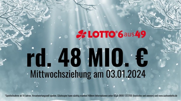 Jahresstart mit Rekordjackpot: 48 Millionen Euro am Mittwoch bei LOTTO 6aus49 erwartet