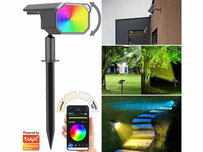 Luminea Home Control Smarter Solar-Spot mit RGB-CCT-LED, 100 lm, 2.200-mAh-Akku, 1 Watt, IP65: Damit erstrahlt der Garten farbenfreudig - von Boden oder Wand aus