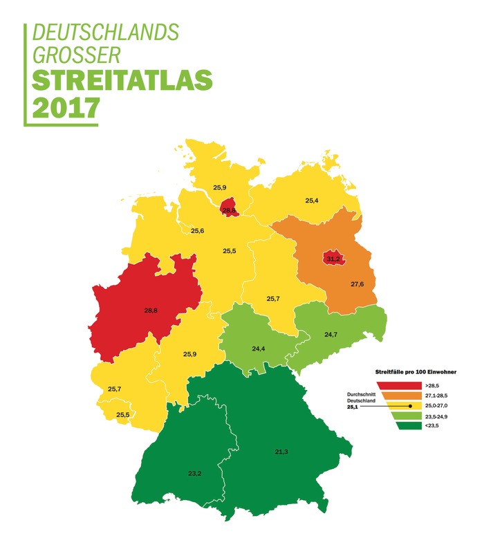 Deutschlands großer Streitatlas 2017 / Uneinigkeit und Recht und Sturheit: Jeder Vierte in Deutschland in Rechtsstreit verwickelt