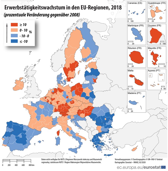 Erwerbstätigkeit in den EU-Regionen: Die Erwerbstätigkeit nahm 2018 in neun von zehn EU-Regionen zu