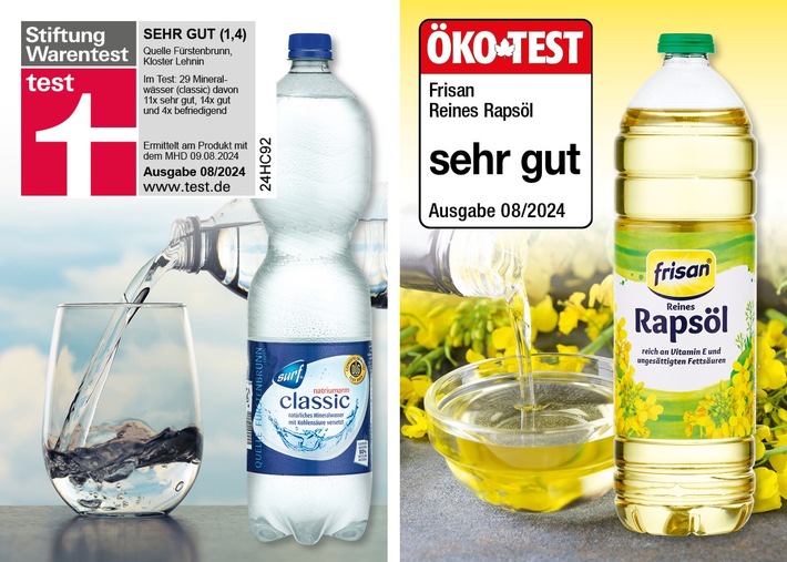 STIFTUNG WARENTEST und ÖKO-TEST zeichnen Mineralwasser und Rapsöl der NORMA-Marken SURF und FRISAN mit &quot;sehr gut&quot; aus / Testmagazine bestätigen Discounter-Bestleistungen in der August-Ausgabe