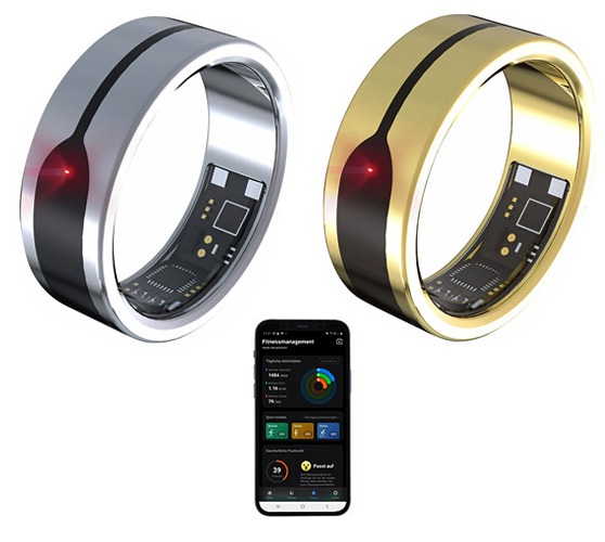 Fitness-Tracker für den Finger - in Silber oder Gold: newgen medicals Fitnesstracker-Ring, Herzfrequenz- & SpO2-Anzeige, 2 mm, silber/gold, Gr. 57 - 70