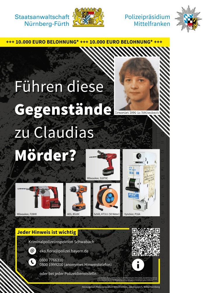 POL-MFR: (1334) Mord an Claudia Obermeier im Jahr 1990 - Vielversprechender Hinweis bestätigte sich nicht - Hohes Hinweisaufkommen wird abgearbeitet