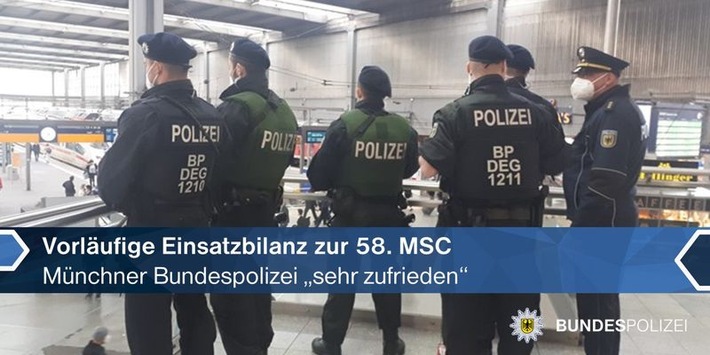 Bundespolizeidirektion München: Bundespolizei mit Einsatzverlauf zur 58. MSC sehr zufrieden / Rund 600 Beamte/innen sorgen an Bahnhöfen und Haltepunkten für Sicherheit