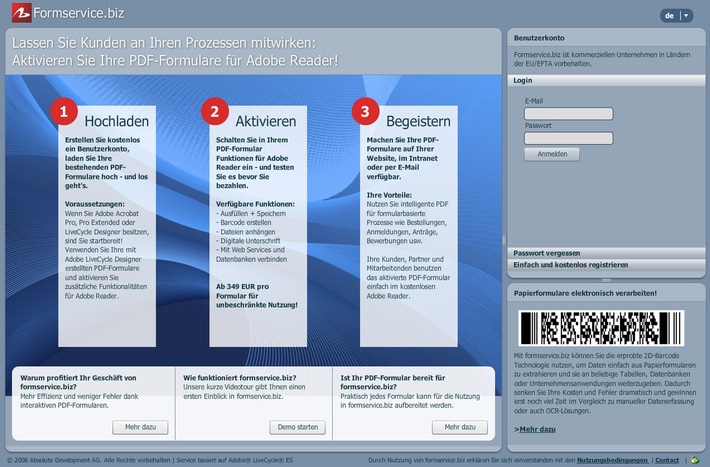 Absolute Development AG: Formservice.biz aktiviert ihre PDF-Formulare für Adobe Reader