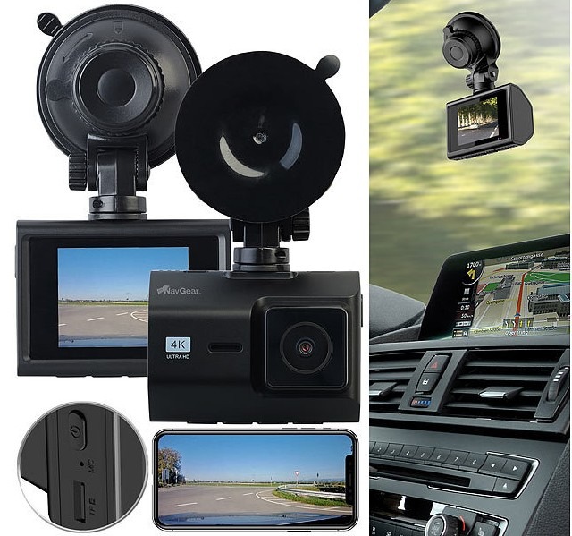NavGear 4K-UHD-Dashcam MDV-3840 plus 2K-Heckkamera, GPS, WDR, WLAN &amp; App, Sony-Sensor: Fahrten ultra-hochauflösend aufnehmen und auch nach hinten alles im Blick