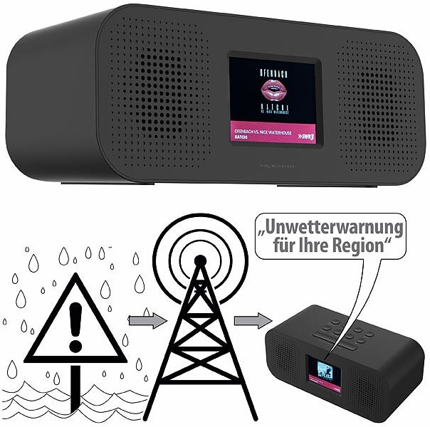 Lieblingsradiosender über DAB+ und UKW hören und Warnmeldungen über EWF erhalten: VR-Radio Stereo-Radio-Wecker DOR-400 mit DAB+, Notfall-Warn-Funktion, USB, Bluetooth