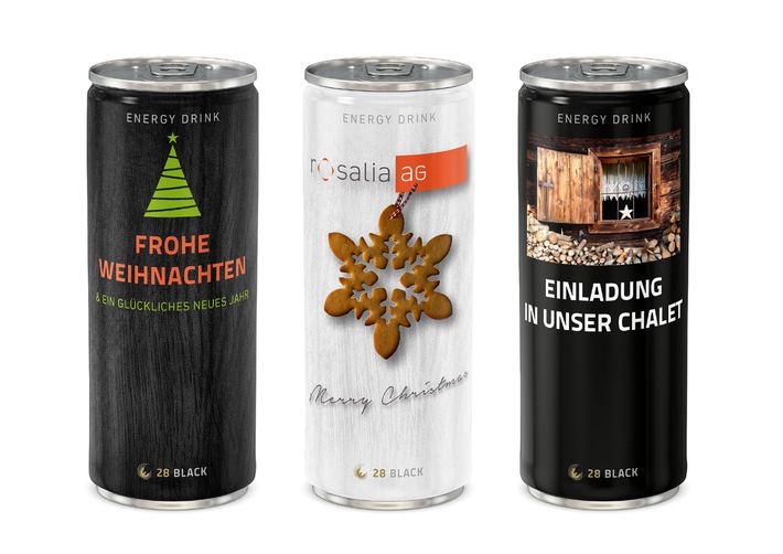 Ultimative Geschenkidee zu Weihnachten: Persönliche Dosen gestalten / Individuelle Weihnachtsgrüße für Energy Drink Fans mit &quot;Design your 28 BLACK&quot; (FOTO)