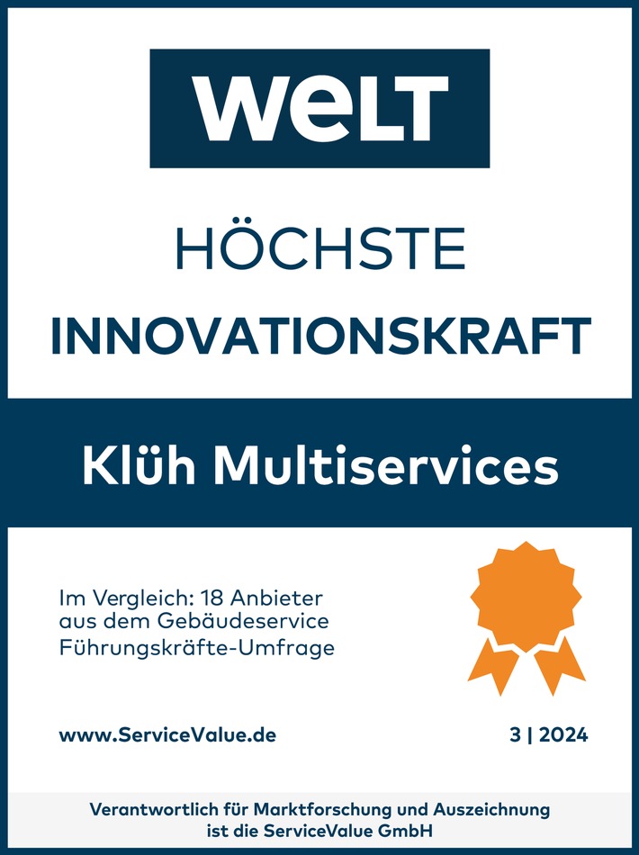 Qualitätssiegel für innovativen Gebäudeservice / Klüh-Unternehmensgruppe für höchste Innovationskraft ausgezeichnet