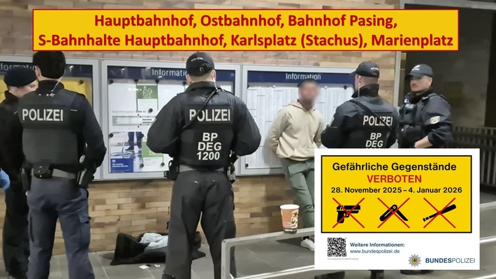 Bundespolizeidirektion München: Mitführverbot von Waffen und gefährlichen Gegenständen ab 28. November in Münchner Bahnhöfen / Flaschen im Jutebeutel zerschellen am Treppengeländer / Angriffe gegen Beamte