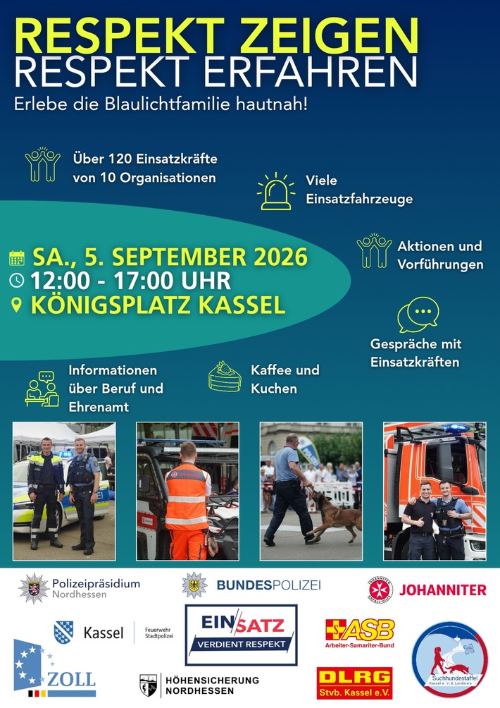 POL-NH: "Einsatz verdient Respekt": Blaulichtfamilie lädt am 5. September zu großer Veranstaltung auf den Kasseler Königsplatz ein