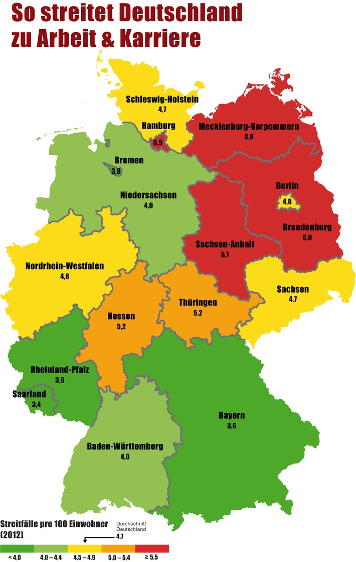 Deutschlands großer Streitatlas / Kündigung, Abmahnung & Co.: Menschen in ostdeutschen Bundesländern wehren sich häufiger (FOTO)