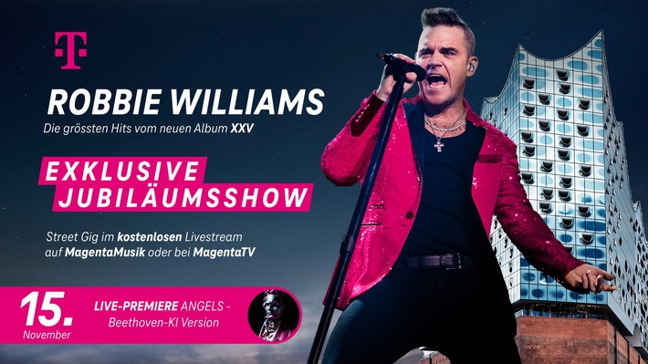 Premiere in der Elbphilharmonie: Telekom feiert 25 Jahre Robbie Williams mit Orchester, neuen Songs und Beethoven-KI