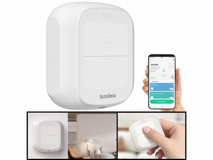 Luminea Home Control Smarte mobile WLAN-Fernbedienung mit 2 Tasten, Licht &amp; Szenen steuern: Smarthome-Szenen und Licht im Zuhause bequem per Tastendruck steuern