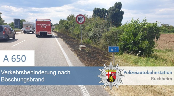 POL-PDNW: Polizeiautobahnstation Ruchheim Rückstau auf A650 nach Böschungsbrand