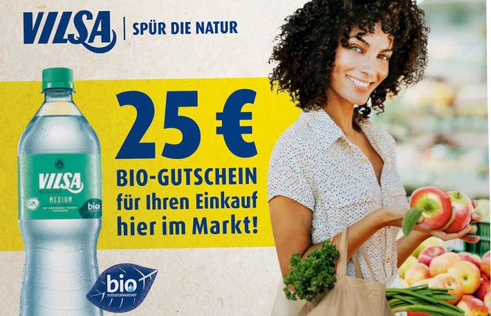 Nachhaltig genießen: Mit VILSA Bio-Mineralwasser Bio-Einkaufsgutschein im Wert von 25 Euro gewinnen
