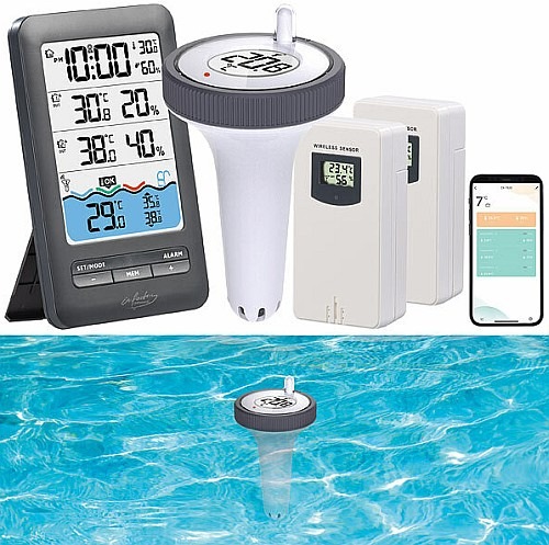 Wassertemperatur, Lufttemperatur &amp; -feuchtigkeit im Blick: infactory Smartes WLAN-Poolthermometer PT-410.app, IP67, 2 Außensensoren, Alarm
