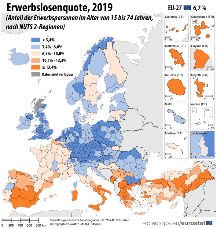 Erwerbslosenquoten in den Regionen der EU reichten von 1,3% bis 30,1% im Jahr 2019