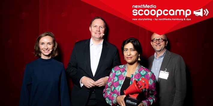 Scoopcamp 2019 - Von links nach rechts: Nina Klass, Dr. Carsten Brosda, Shazna Nessa, Meinolf Ellers. Weiterer Text über ots und www.presseportal.de/nr/8218 / Die Verwendung dieses Bildes ist für redaktionelle Zwecke honorarfrei. Veröffentlichung bitte unter Quellenangabe: "obs/dpa Deutsche Presse-Agentur GmbH/scoopcamp"