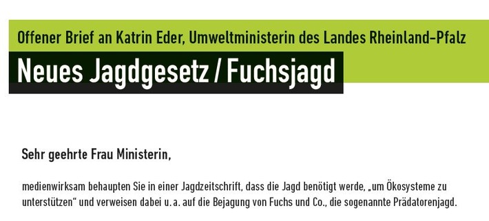 Fuchsjagd im Jagdgesetz Rheinland-Pfalz: Offener Brief an Umweltministerin Eder