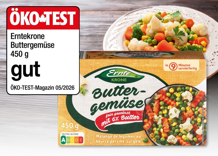 ÖKO-TEST 05/2026 zeichnet ERNTEKRONE Buttergemüse von NORMA aus / TK-Gemüse aus (Bio-)Supermärkten und Discountern im Vergleich