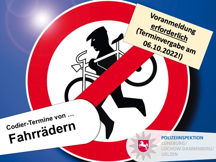 POL-LG: ++ ... die letzten Codier-Termine für das Jahr 2022 in Lüneburg: Fahrräder vor Diebstahl schützen ++ Termine am 07.10. und 08.10.2022 ++ Hinweis: Vergabe für die Termine in Lüneburg am 06.10.2022 ++