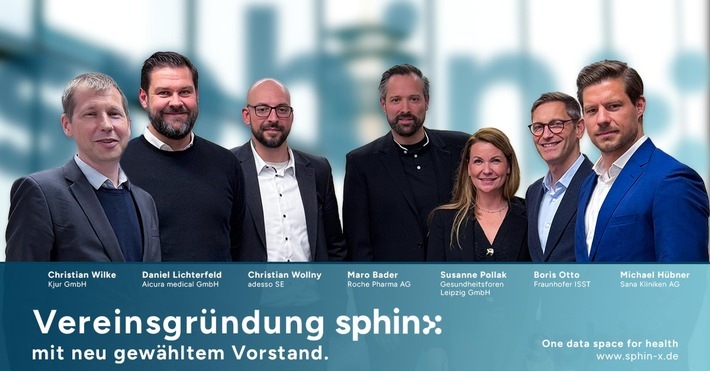 In den Vorstand des sphin-X e. V. wurden berufen: Maro Bader (Excellence Lead Digital Transformation bei der Roche Pharma AG), Michael Hübner (Manager Innovation und Digitalisierung bei der Sana Kliniken AG), Daniel Lichterfeld (Geschäftsführer der Aicura medical GmbH), Professor Boris Otto (Director des Fraunhofer ISST), Susanne Pollak (Geschäftsführerin der Gesundheitsforen Leipzig GmbH), Christian Wilke (CEO der Kjur GmbH) sowie Christian Wollny (Head of Competence Center bei adesso). / Weiterer Text über ots und www.presseportal.de/nr/7431 / Die Verwendung dieses Bildes für redaktionelle Zwecke ist unter Beachtung aller mitgeteilten Nutzungsbedingungen zulässig und dann auch honorarfrei. Veröffentlichung ausschließlich mit Bildrechte-Hinweis.