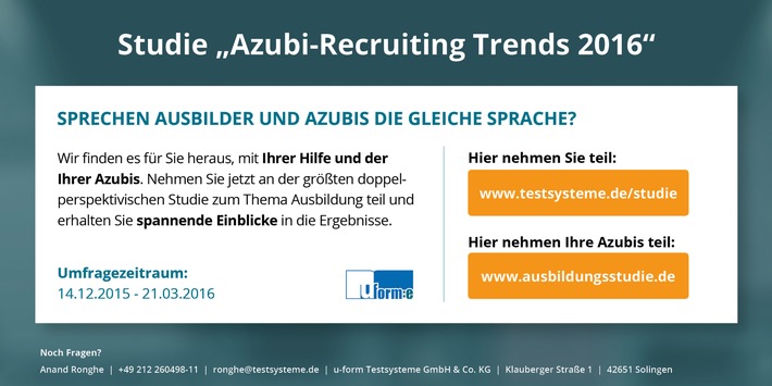 Studie &quot;Azubi-Recruiting Trends 2016&quot; / Start der größten doppelperspektivischen Umfrage zum Thema Azubi-Marketing in Deutschland