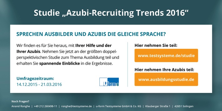 Studie "Azubi-Recruiting Trends 2016" / Start der größten doppelperspektivischen Umfrage zum Thema Azubi-Marketing in Deutschland