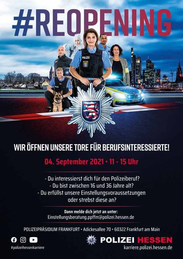 POL-F: 210826 -1033 Frankfurt - Polizeipräsidium: Reopening - Veranstaltung für Berufsinteressierte