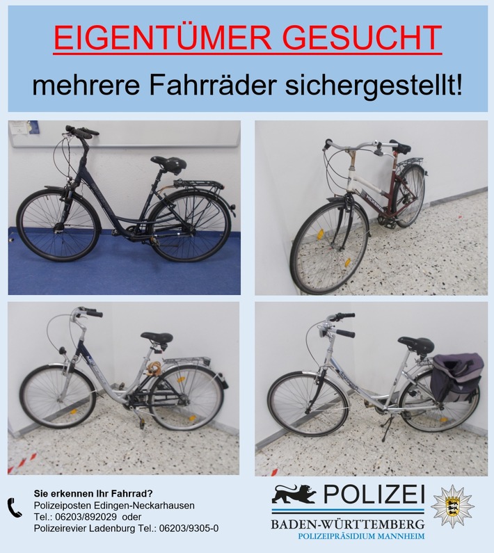 POL-MA: Mannheim-Friedrichsfeld: Fahrräder sichergestellt - Eigentümer gesucht
