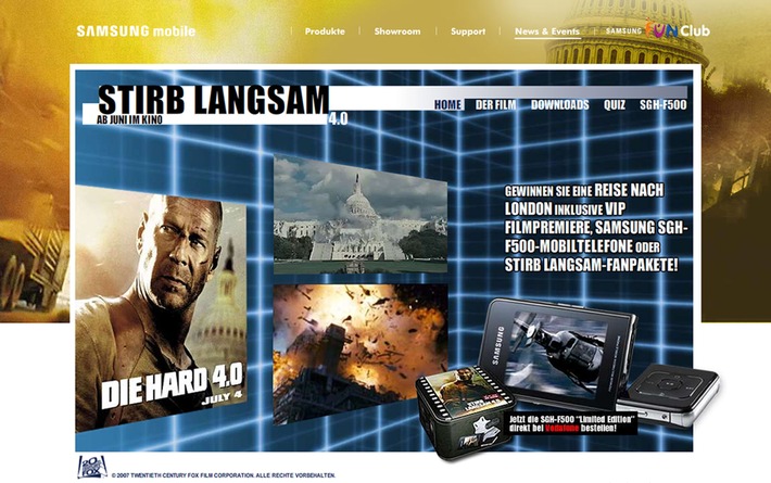 reality bytes realisiert multimediale Kampagne für Samsung - Themenseite begleitet Start des 20th-Century-Fox-Films "Die Hard 4.0"
