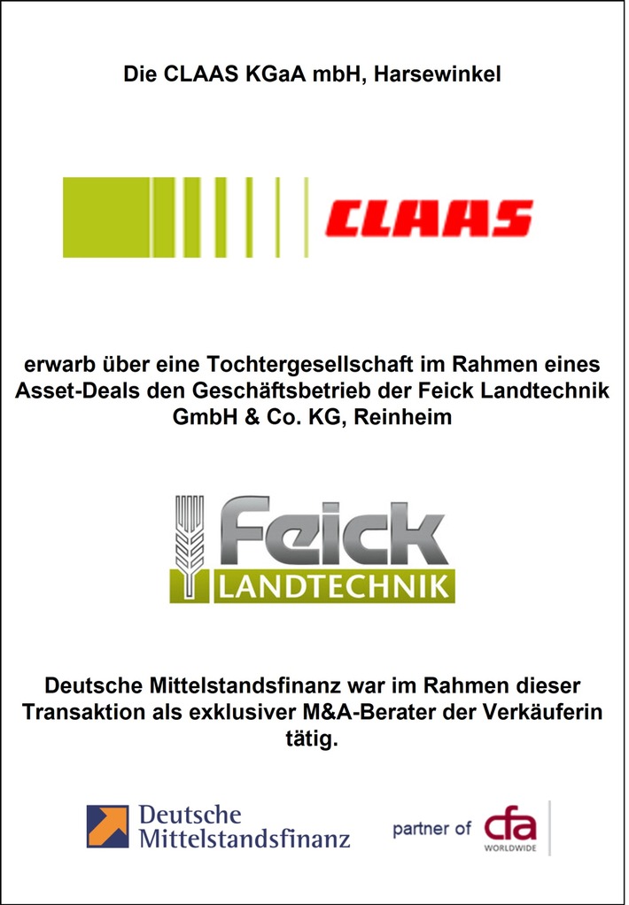 Deutsche Mittelstandsfinanz berät Veräußerung von Feick Landtechnik an die CLAAS-Gruppe
