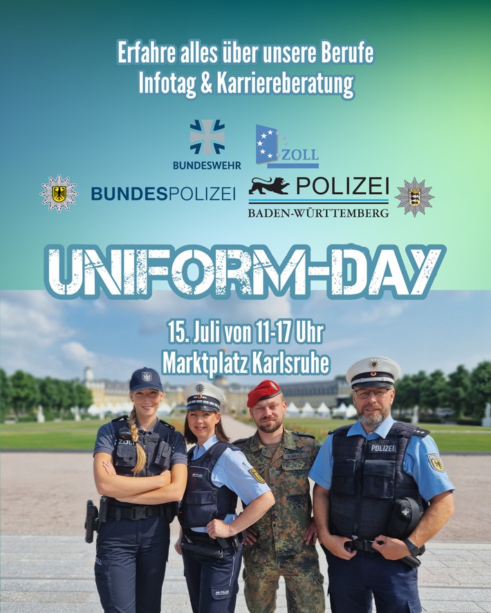 POL-KA: (KA) Karlsruhe - Einladung / Veranstaltungshinweis - Uniform-Day Karlsruhe - vier Behörden, unzählige Karrieremöglichkeiten - Infotag am Samstag, 15. Juli 2023 in Karlsruhe