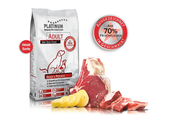 Fleischig-lecker: Adult Beef+Potato - die neue Sorte PLATINUM-Trockennahrung