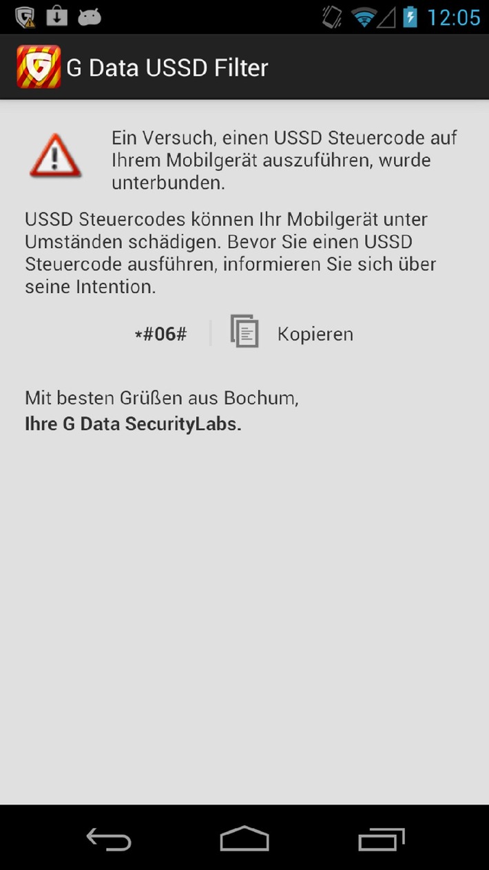 G Data App schützt vor USSD-Sicherheitslücke bei Android-Smartphones / Deutscher Security-Hersteller bietet betroffenen Nutzern eine kostenlose Sicherheits-App an (BILD)