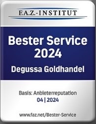 DEGUSSA Goldhandel bietet besten Service / Unter 8.000 Unternehmen in 88 Branchen wird Gold- und Edelmetallhändler Degussa vom F.A.Z.-Institut jetzt mit dem Siegel &quot;Bester Service 2024&quot; ausgezeichnet