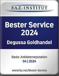 DEGUSSA Goldhandel bietet besten Service / Unter 8.000 Unternehmen in 88 Branchen wird Gold- und Edelmetallhändler Degussa vom F.A.Z.-Institut jetzt mit dem Siegel "Bester Service 2024" ausgezeichnet