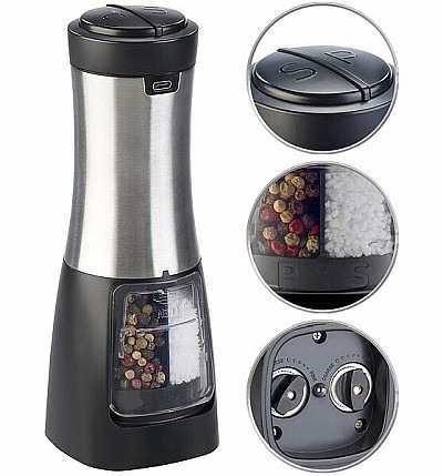 Würzen mit Komfort und Präzision: Rosenstein & Söhne 2in1-Akku-Salz- & Pfeffermühle mit zwei getrennten Kammern, silber