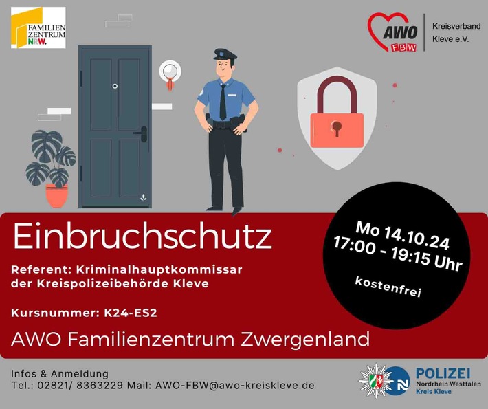 POL-KLE: Rheurdt - Kostenfreies Vortragsangebot: Kreispolizeibehörde Kleve informiert mit AWO Familienbildungswerk zum Thema "Einbruchschutz"