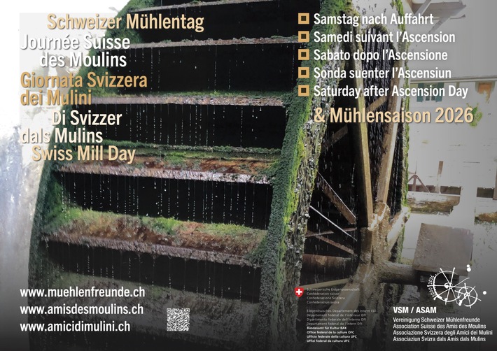 26. Schweizer Mühlentag / Am 16. Mai 2026 nehmen 91 historische Mühlen, Sägemühlen und Werkstätten am Schweizer Mühlentag teil - mit Festen, Führungen, Vorführungen und erlebbarem Handwerk