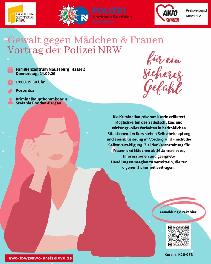 POL-KLE: Bedburg-Hau - Gewalt gegen Mädchen und Frauen: Kostenloses Vortragsangebot von AWO und Polizei