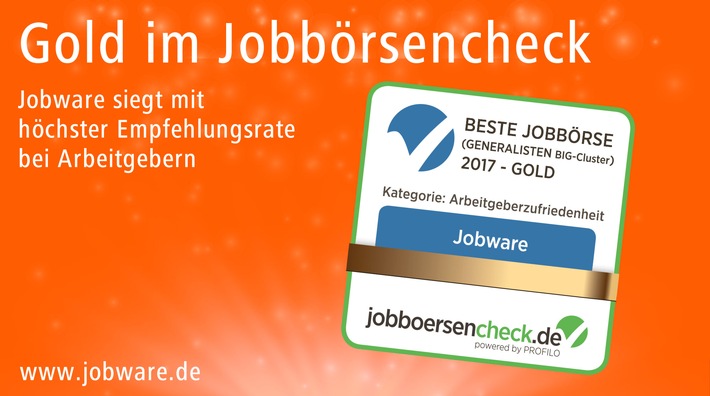 Gold für Jobware - Deutschlands bestes Jobportal 2017 / 96 Prozent der Arbeitgeber würden Jobware weiterempfehlen